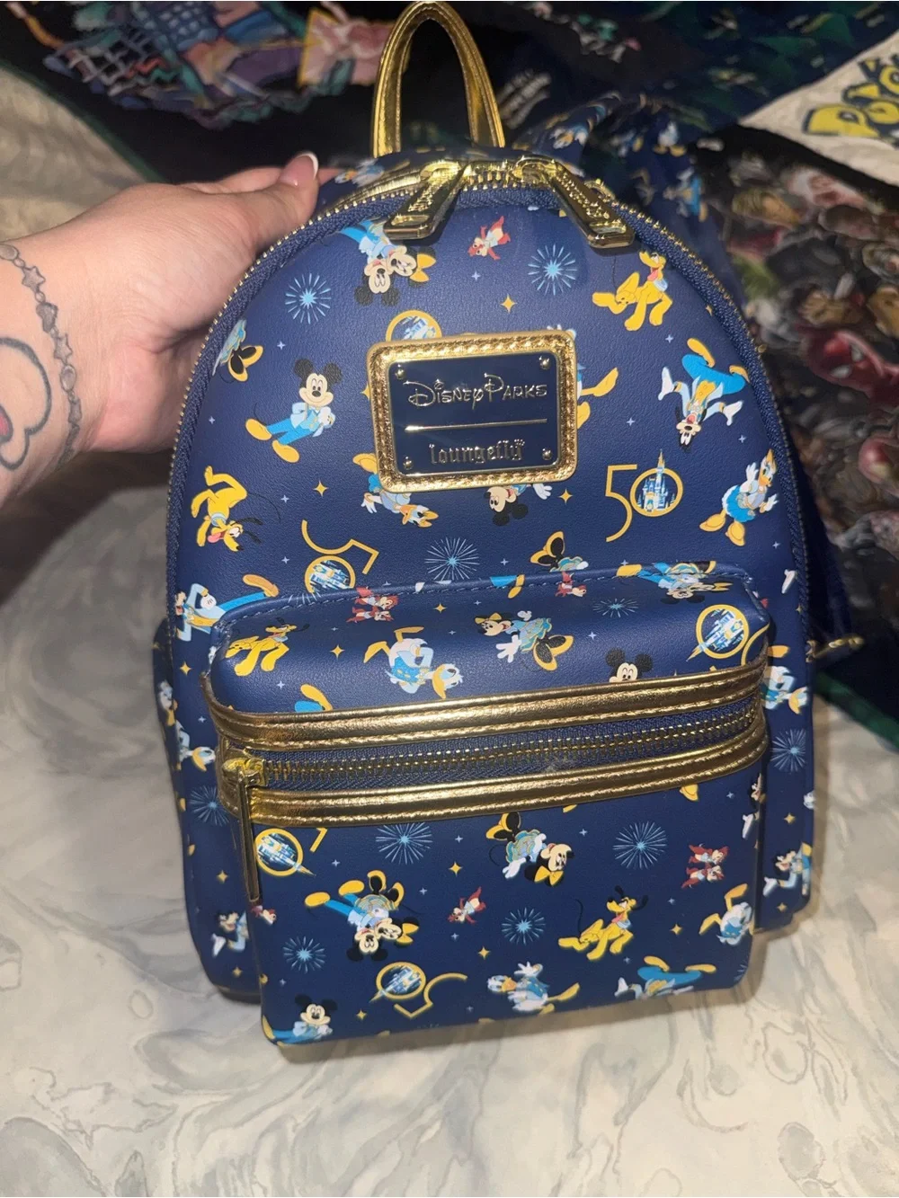 Loungefly Navy and Gold Disney Characters Mini Backpack